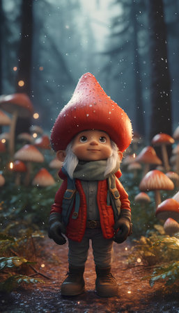 Cute little gnome in the forest. 3d rendering.の素材