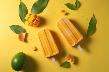 Fruit popsicles with mango and lime on yellow background, top viewの素材