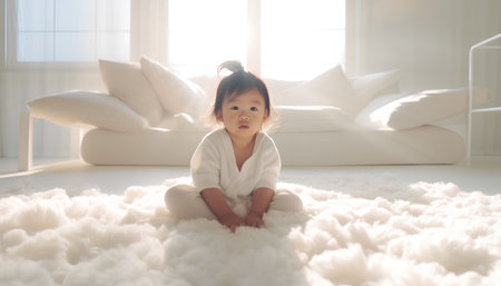 Cute asian baby girl sitting on carpet in living room at homeの素材