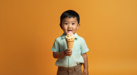 Happy little asian boy eating ice cream on orange background, full length portraitの素材