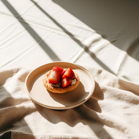 Strawberry tartlet on white plate with sunbeams and shadowsの素材