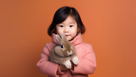 Cute asian little girl holding rabbit on orange background. Easter conceptの素材