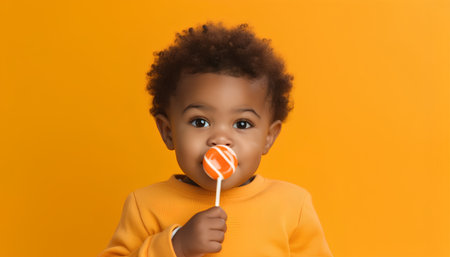 Little african american boy with lollipop on yellow backgroundの素材