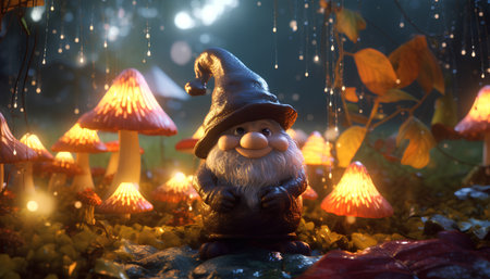 Garden gnome sitting on a mossy ground with mushrooms. 3d rendering.の素材