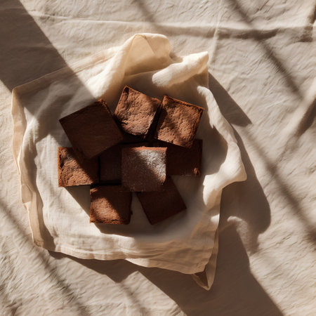 Chocolate brownies on a linen napkin in the sunlight.の素材