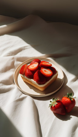 Breakfast with waffles and fresh strawberries on the bed in the sunlightの素材