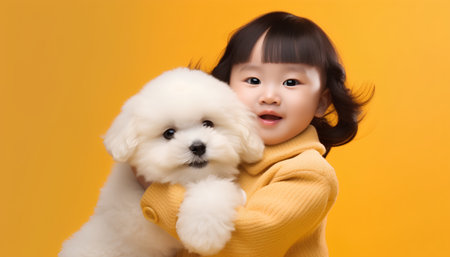 Little asian girl in yellow sweater holding white dog on yellow backgroundの素材