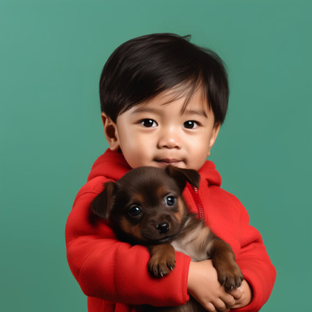 Portrait of a cute asian child girl in red sweater holding a puppy on green backgroundの素材