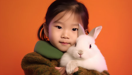 Little asian girl holding a white rabbit in her hands over orange backgroundの素材