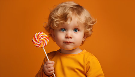 Cute little boy with blond curly hair and blue eyes holding colorful lollipop over orange backgroundの素材
