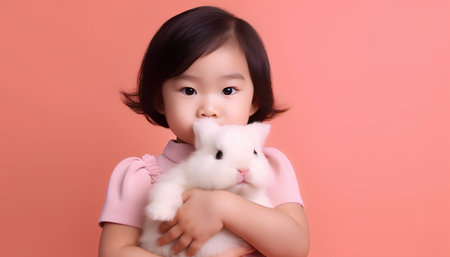 Cute little asian girl holding white rabbit on pink background.の素材