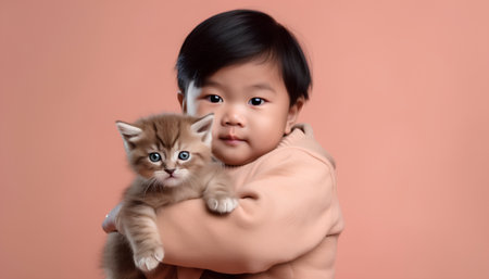 Little asian girl holding a kitten in her arms, isolated on pink backgroundの素材