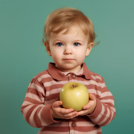 Portrait of a cute little boy with an apple on a green backgroundの素材
