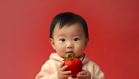 Portrait of a cute asian baby girl with strawberry on red backgroundの素材