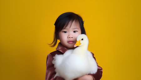 Asian Chinese little girl holding a yellow duckling toy over yellow backgroundの素材