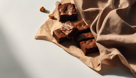 Homemade chocolate brownies on a light background. Selective focus.の素材