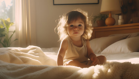 Portrait of a cute little girl sitting on the bed at homeの素材