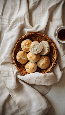 Homemade cookies in a wicker basket on a white tablecloth.の素材
