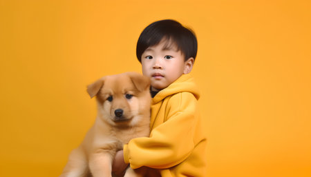 Portrait of asian little boy hugging his dog on yellow backgroundの素材