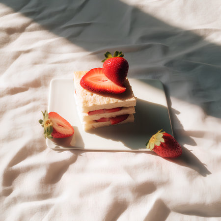 Strawberry cake on a white plate on the bed in the sunlightの素材
