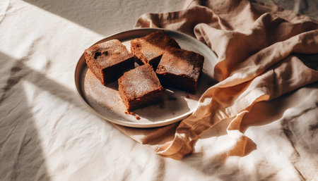 Chocolate brownies in a plate on a light background, top viewの素材