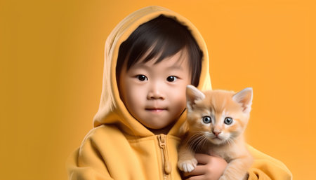 Little asian girl in yellow hoodie holding a kitten on yellow backgroundの素材