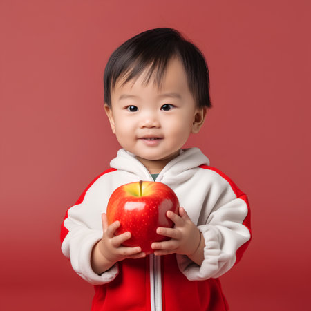 Asian Chinese baby boy with red apple on red background, healthy food conceptの素材