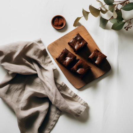 Chocolate brownies on a wooden board, top view, flat layの素材