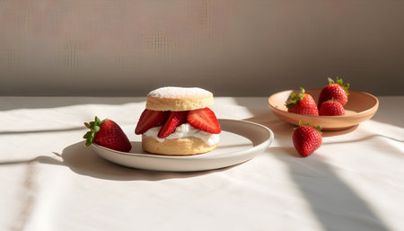 Scones with strawberries on a white plate on a light backgroundの素材