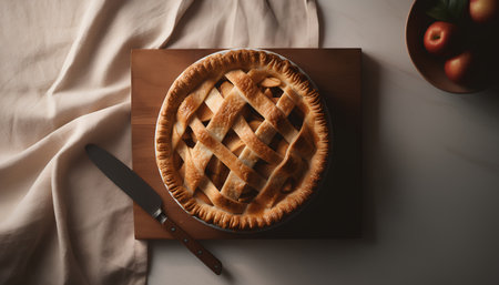 Fresh homemade apple pie on wooden board with fork and knife on table, top viewの素材