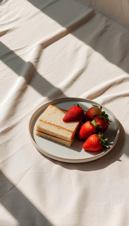 strawberry cake on plate with sliced strawberries on table in sunlightの素材