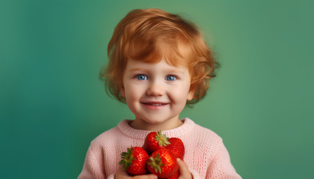 Portrait of a little red-haired girl with strawberries on a green backgroundの素材