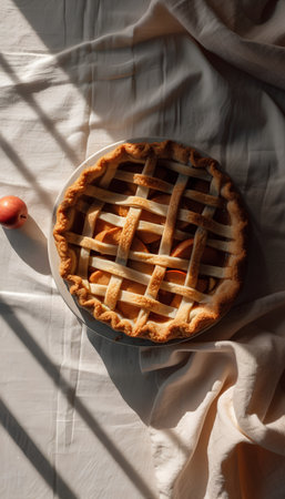 top view of delicious apple pie on plate on white fabric with shadowsの素材