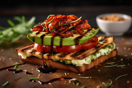 Toast with avocado, bacon and tomato on a wooden background.の素材