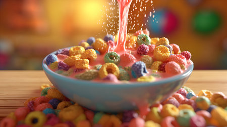 Bowl of colorful cereal with falling drops on wooden table, closeupの素材