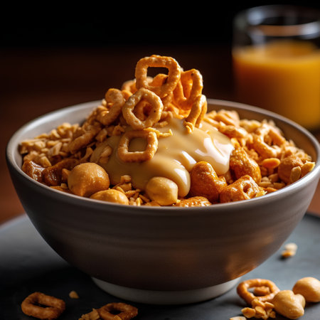 Breakfast with cornflakes and milk on a dark background.の素材