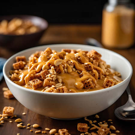 Bowl of homemade granola with nuts and caramel on wooden backgroundの素材