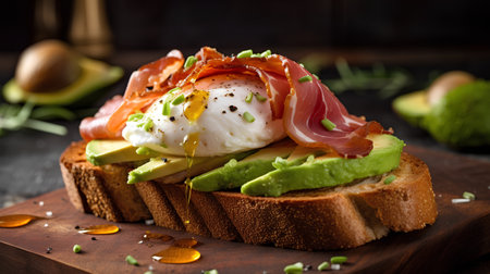 Sandwich with poached egg, avocado and prosciutto on wooden backgroundの素材