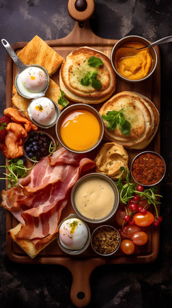 Breakfast set with fried egg, bacon, toasts, vegetables and sauce on wooden boardの素材