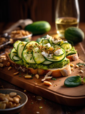 Cucumber, feta cheese and pine nuts sandwich on a wooden boardの素材