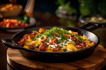 Omelette with bacon and vegetables in a cast-iron frying panの素材