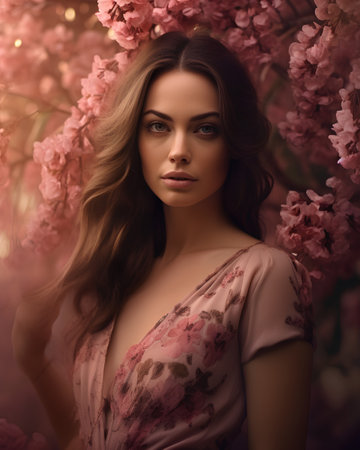 Portrait of a beautiful girl in a pink dress among the cherry blossomsの素材