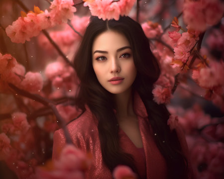 Beautiful young woman in spring cherry blossom garden. Beauty, fashion.の素材