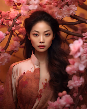 Beautiful asian woman with sakura blossom on background.の素材