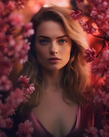 Beautiful young woman with long curly hair and pink cherry blossom flowersの素材