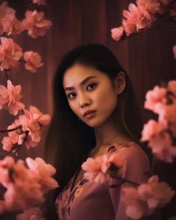 Portrait of a beautiful asian woman with cherry blossom backgroundの素材