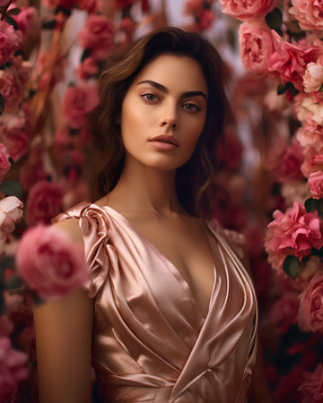 fashion interior photo of gorgeous woman with dark hair in elegant dress posing among pink flowersの素材