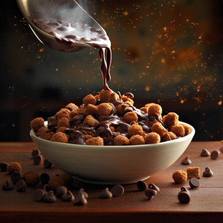 Chocolate cornflakes with milk pouring into bowl on wooden tableの素材