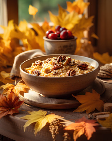 Bowl of oatmeal porridge with pecan nuts and berries on wooden background with autumn maple leavesの素材