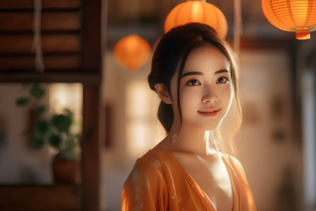 Beautiful asian woman in orange dress with chinese lanternsの素材